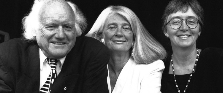 Elmer Iseler, Jessie Iseler and Lydia Adams before a performance at Choral Kathaumixw, Powell River BC in July 1996.