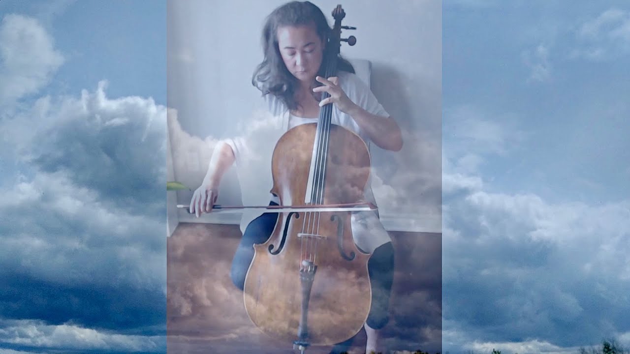 Woman playing cello over clouds