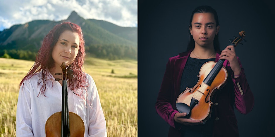 Marlena Pellegrino holding her viola and Veda Hingert-McDonald holding her violin.