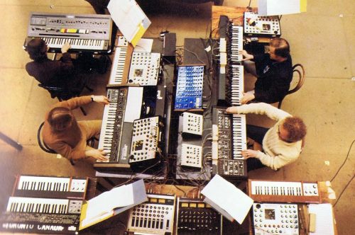 Four members of the CEE playing multiple synthesizers
